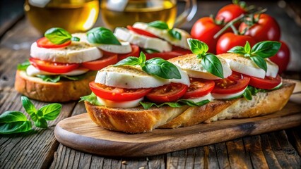 Wall Mural - Delectable Caprese Sandwiches on Rustic Wooden Board with Fresh Basil and Ripe Tomatoes