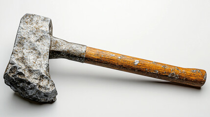 Realistic photography of a hammer with a large wooden handle and a pickaxe on a white background