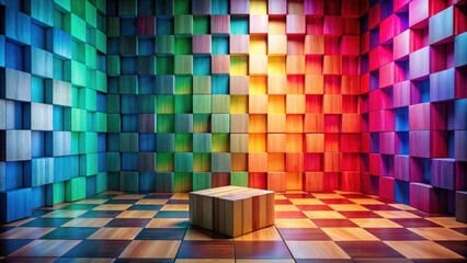 Aufkleber - A vibrant room featuring a colorful cubic wall and a wooden platform