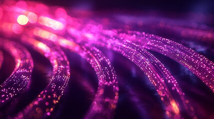 Poster - Glowing fiber optic cables curve in dark, bokeh background, tech design