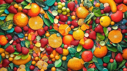 Wall Mural - Colorful fruit & leaf arrangement, vibrant background, food texture, healthy eating