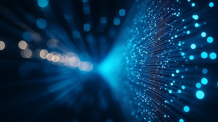 Poster - Blue fiber optic data stream, city lights background, technology concept