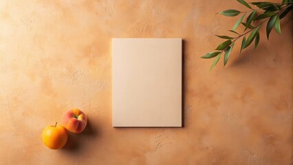 Poster - Blank Cream-Colored Paper Mockup with Peach and Plum Fruits on a Textured Background
