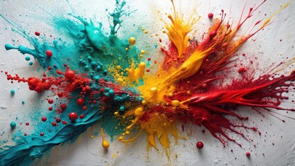 Poster - A vibrant explosion of teal, crimson, and golden hues creates a dynamic abstract artwork, showcasing the energetic interplay of color and form