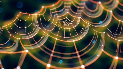 A spider web with water droplets on it. The web is made of many strings