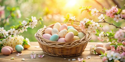 Poster - Pastel-colored eggs nestled in a wicker basket, surrounded by blossoming branches and petals on a wooden surface, bathed in warm sunlight