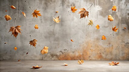Poster - autumnal leaves falling against a weathered concrete wall with a blank floor space