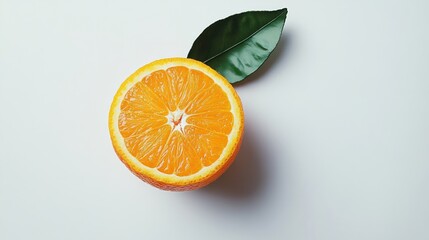 Wall Mural - Halved orange, leaf, white background; healthy food