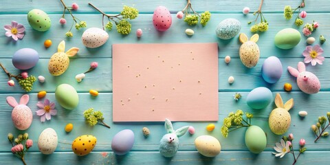 Poster - Pastel Easter Eggs and Bunny Decor Springtime Festive Arrangement with Blank Card