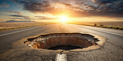 Poster - Sunset Highway Pothole A Journey Interrupted by Unexpected Road Hazard