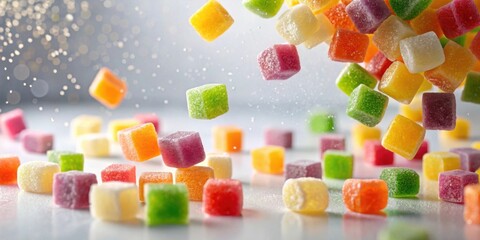 Poster - A cascade of colorful, sugary, cube-shaped candies falling onto a smooth, reflective surface, creating a vibrant and delicious-looking scene