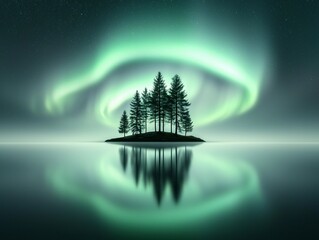 Poster - A mystical lake reflecting a sky full of swirling auroras, the water surface rippling gently as ghostly silhouettes glide above, surreal and hauntingly beautiful, atmospheric depth, hyperrealistic