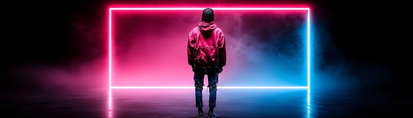 Poster - a deserted street illuminated by neon lights in deep purples and blues, light fog rolling through, s