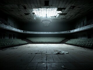 Poster - an abandoned theater where ghostly figures perform a silent ballet, the chandeliers casting shifting