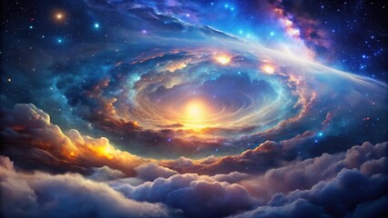 Poster - Celestial Swirl A Dreamlike Panorama of Cosmic Clouds and Radiant Stars Above a Sea of Fluffy Clouds