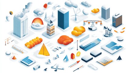 Poster - colorful isometric illustration depicting urban development with buildings, clouds, and construction