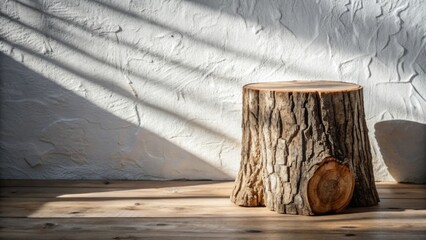 Aufkleber - Sunlit Rustic Wooden Tree Stump on Wooden Floor Against a Textured Wall