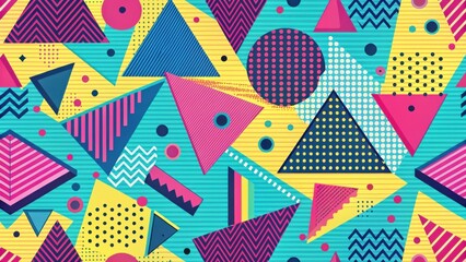 Poster - Vibrant Geometric Abstract Design Featuring Bold Triangles, Circles, and Zigzag Patterns in a Retro 80s Style
