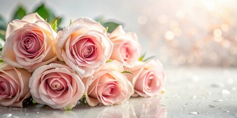 Poster - A Delicate Bouquet of Dew-Kissed Pink Roses on a Reflective Surface with a Soft, Bokeh Background