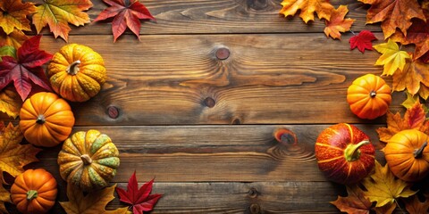 Poster - Autumnal Harvest Abundance Colorful Pumpkins and Vibrant Fall Leaves Adorn Rustic Wooden Surface