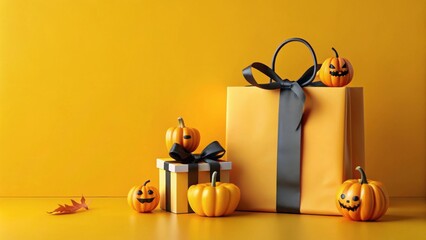 Poster - Spooky Season Shopping Spree Festive Yellow Gift Bags and Jack-o'-Lantern Pumpkins Adorn a Vibrant Autumnal Setting