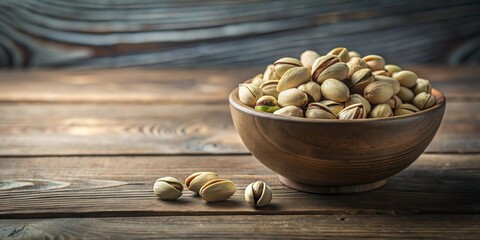 Poster - A wooden bowl overflowing with shelled pistachios rests on a rustic wooden surface, a few nuts scattered nearby, inviting a moment of simple indulgence.