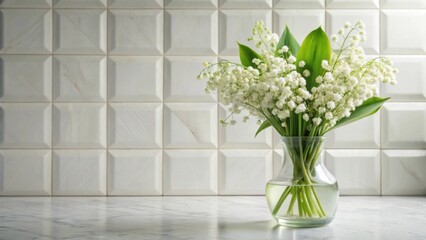 Poster - Serene White Flowers in Glass Vase on Marble Surface Against a Textured Wall