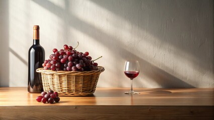 Poster - A Still Life Featuring a Bottle of Red Wine, a Basket of Grapes, and a Glass of Wine in Soft Sunlight