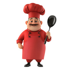 3D cartoon character illustration of a chef in a red uniform holding a black spoon. Wearing a large chef's hat and a red apron, ideal for culinary themes. Isolated on white background