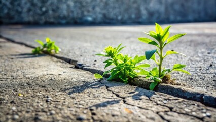 Poster - Resilience personified vibrant green plants thriving amidst cracked pavement, symbolizing nature's tenacity and the unstoppable force of life