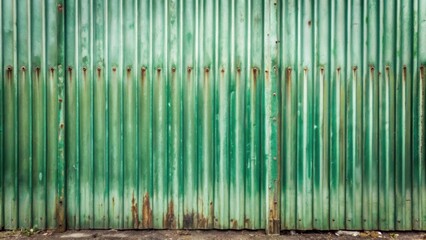 Poster - A weathered, corrugated metal fence with a faded green paint exhibiting signs of rust and age, revealing a textured surface with visible rivets and a hint of underlying metal
