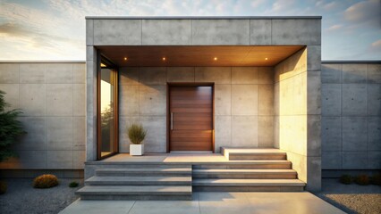 Poster - Modern House Entrance  Contemporary Design with Stone Steps and Wooden Door at Sunset
