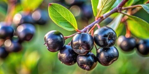 Poster - Close-up view of a cluster of dark-colored berries hanging from a branch, showcasing vibrant green leaves and a blurred natural background