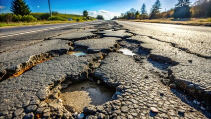 Poster - Severely Damaged Asphalt Road Surface Showing Extensive Cracking and Potholes Under Bright Sunlight