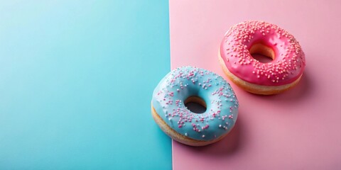 Canvas Print - Delightful pastel-colored donuts with sprinkles, arranged on a vibrant two-tone background