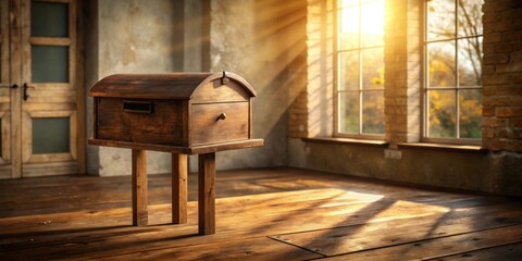 Aufkleber - Rustic Wooden Box on Sunlit Wooden Floor in a Room with Large Windows