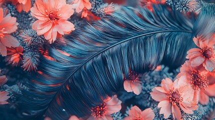 Canvas Print - Teal feather amidst coral flowers, vibrant background, design element