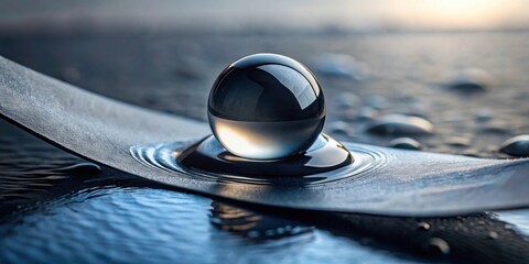 Aufkleber - A glassy sphere rests gently on a dark, smooth surface, creating concentric ripples in the liquid below, reflecting the soft light of the surrounding environment