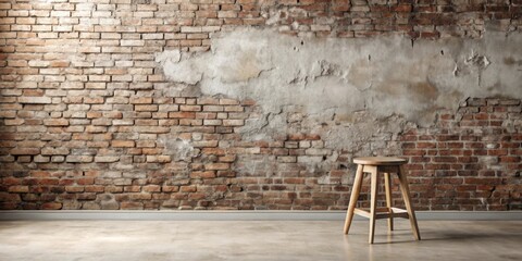 Poster - Rustic wooden stool against a weathered brick wall, creating a minimalist, vintage interior design scene