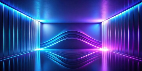 Poster - Abstract Neon Glowing Room with Reflective Floor and Wavy Walls Featuring Vibrant Blue and Purple Lighting