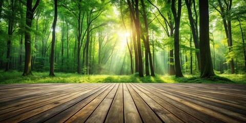 Poster - Serene Sunlight Illuminating a Lush Green Forest with a Wooden Deck in the Foreground