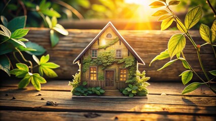Poster - A miniature house nestled amongst vibrant greenery, bathed in the warm glow of golden sunlight, evokes feelings of tranquility and peaceful home ownership.