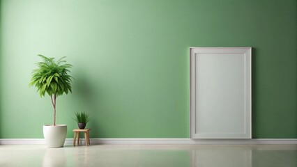 Poster - Minimalist green wall interior design with a large empty frame, potted plants, and a small wooden stool for a serene and peaceful atmosphere.