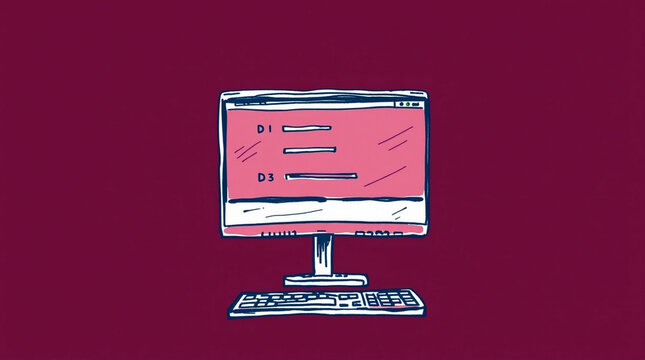 Stylized computer display with data lists illustration on vibrant backdrop
