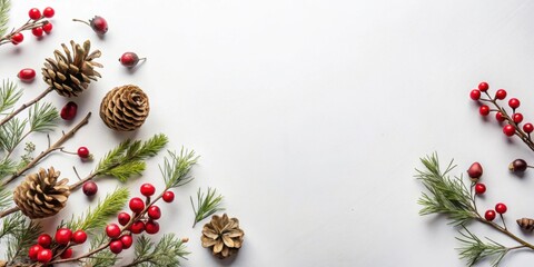Poster - Winter Holiday Festive Composition Featuring Pine Cones and Red Berries on White Background