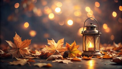 Aufkleber - Autumnal Glow A Lantern's Warm Light Amidst Fallen Leaves and a Soft Bokeh Background