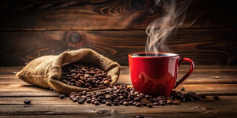 Sticker - Aromatic Coffee Beans and a Steaming Mug of Rich Brew on Rustic Wood