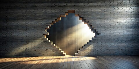 Poster - A sunlit opening reveals a passageway through a damaged brick wall, showcasing a contrasting interior space and hardwood flooring