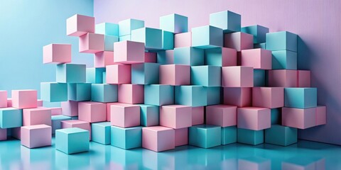 Leinwandbilder - Pastel Cube Abstract Composition A Modern Geometric Design Featuring Interlocking Blocks in Soft Pink and Blue Hues