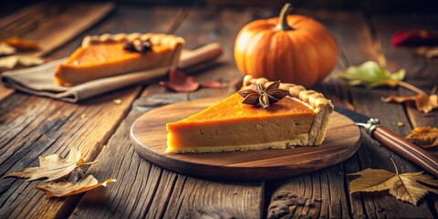 Poster - A slice of autumnal pumpkin pie, garnished with a star anise, rests on a rustic wooden board, accompanied by a whole pumpkin and dried leaves.